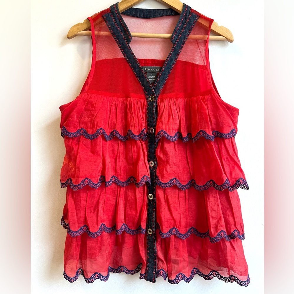 Gracia Red and Blue Elegant Ruffled Cowgirl Boho Indi Back Yard BBQ Blouse